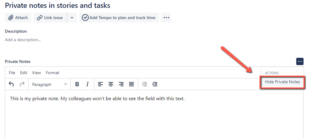 Easily hide the private notes from a task.