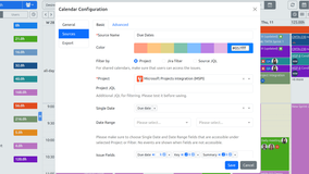 Configure event sources based on data from Jira. All date and date-time fields can be used as a source for events. Custom recurring events can be added alongside Jira events.