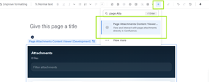 Click the Insert (+) button, search for "Page Attachments Content Viewer", and select the macro to add it to your page.