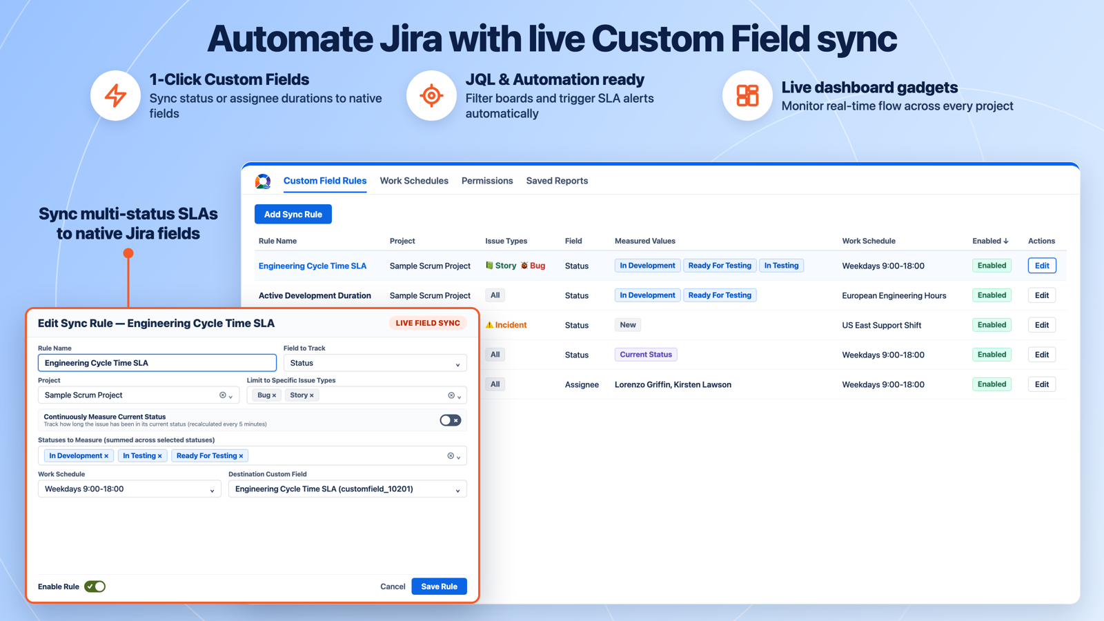 Automatically sync calculated status or assignee durations into native Jira Custom Fields for JQL search and Jira Automation.