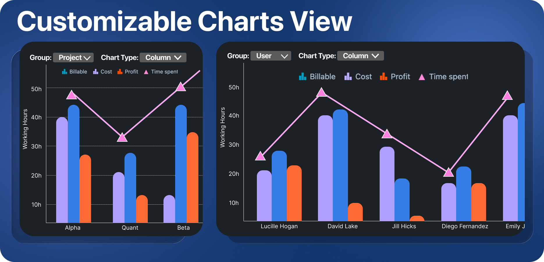 You can visualize time spent, cost, profit using different chart options.