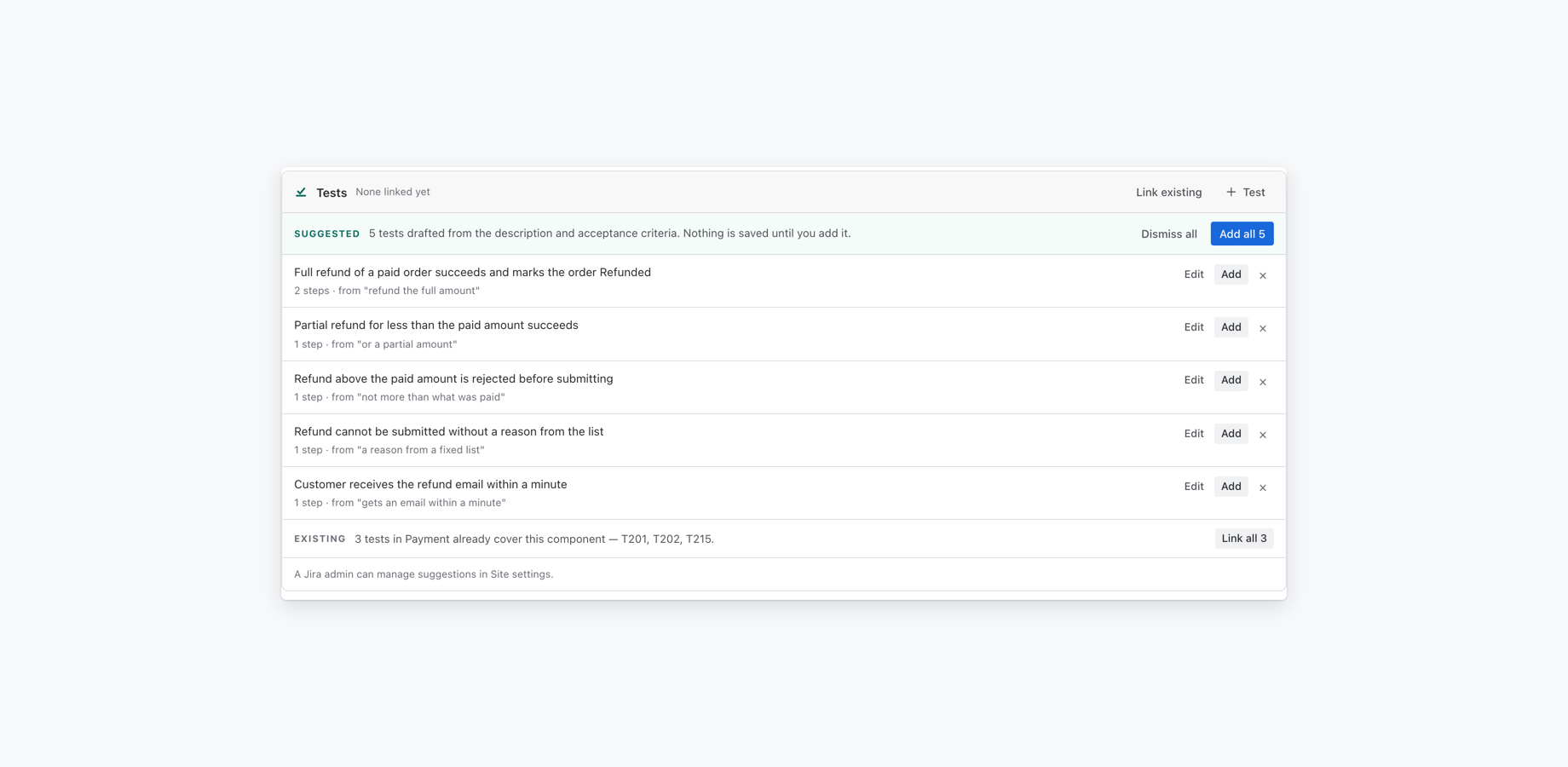 The Tests panel on a story with no tests yet: five drafts from its acceptance criteria, each with its step count and the phrase it came from, and Add, Edit and Dismiss on every one.