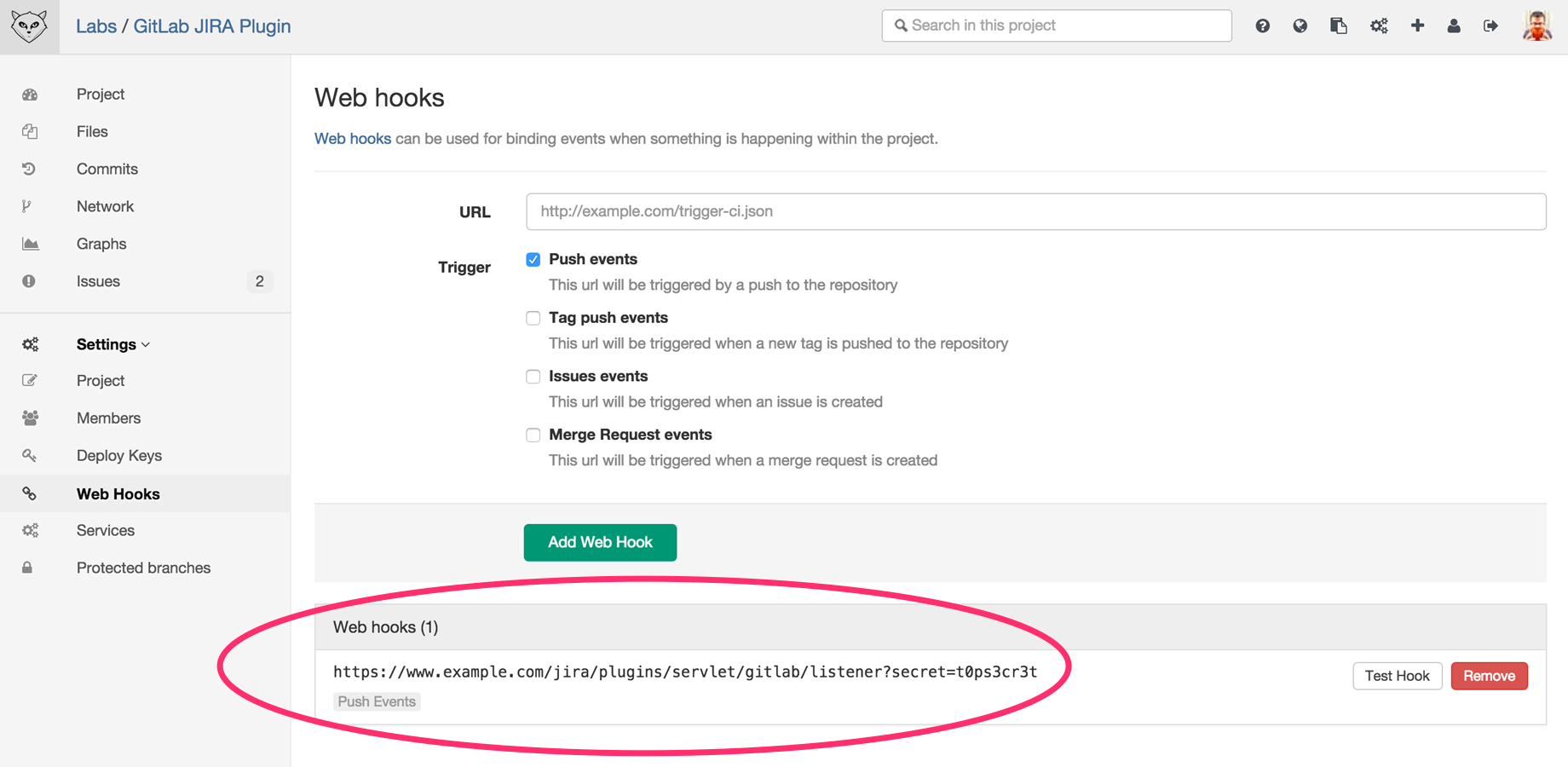 For each GitLab project you want to integrate in Jira, simply set up a web hook in order to submit all push events to the listener add-on running in Jira.