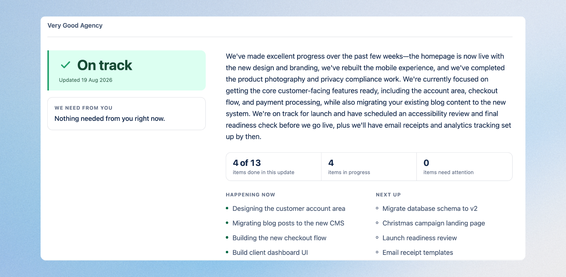 The page your client opens — a clear on-track verdict, a plain-language summary, and grouped work items. Readable on a phone in seconds, with no Jira account.