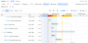 The captured baseline in grey under the live bars, with slip in days per task.
