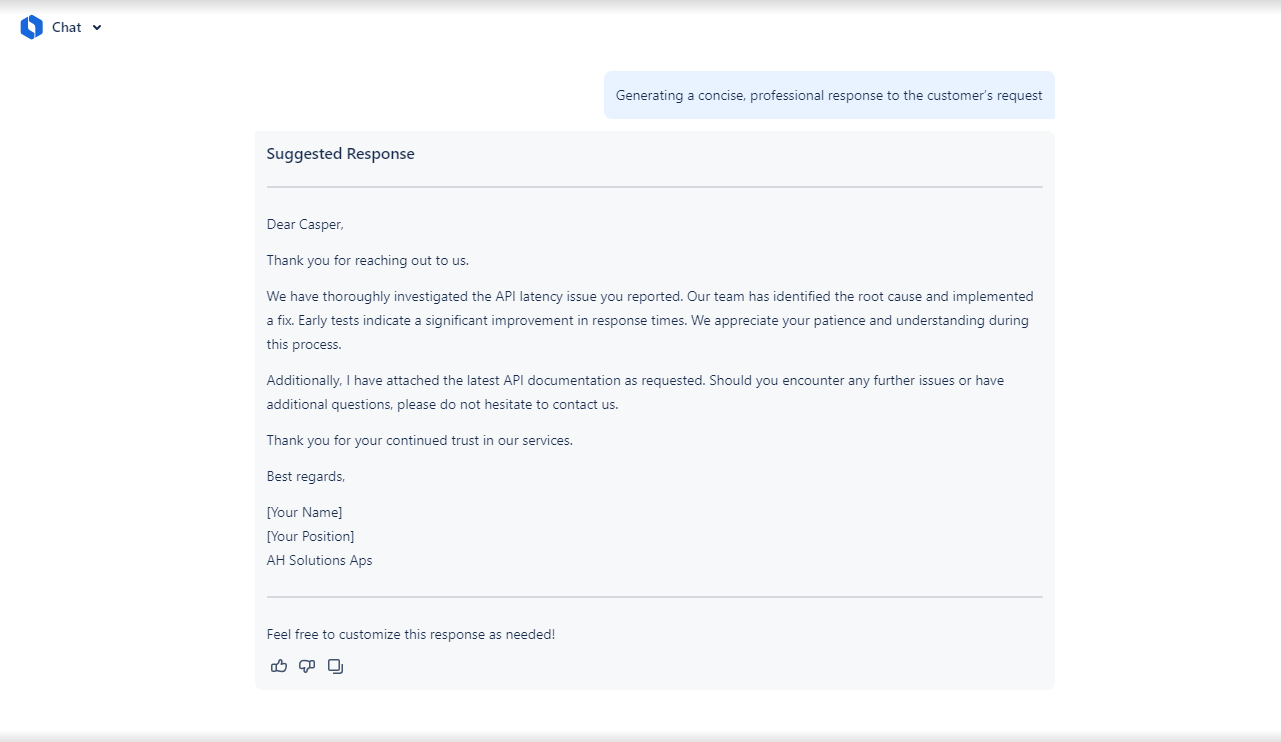 Suggested response panel showing an AI generated email reply that agents can customize before sending to the customer.