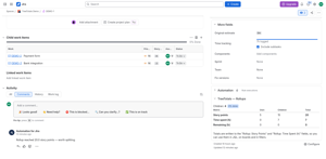 That rule running on a live issue: Jira posted its own comment the moment the epic's rollup crossed ten story points.