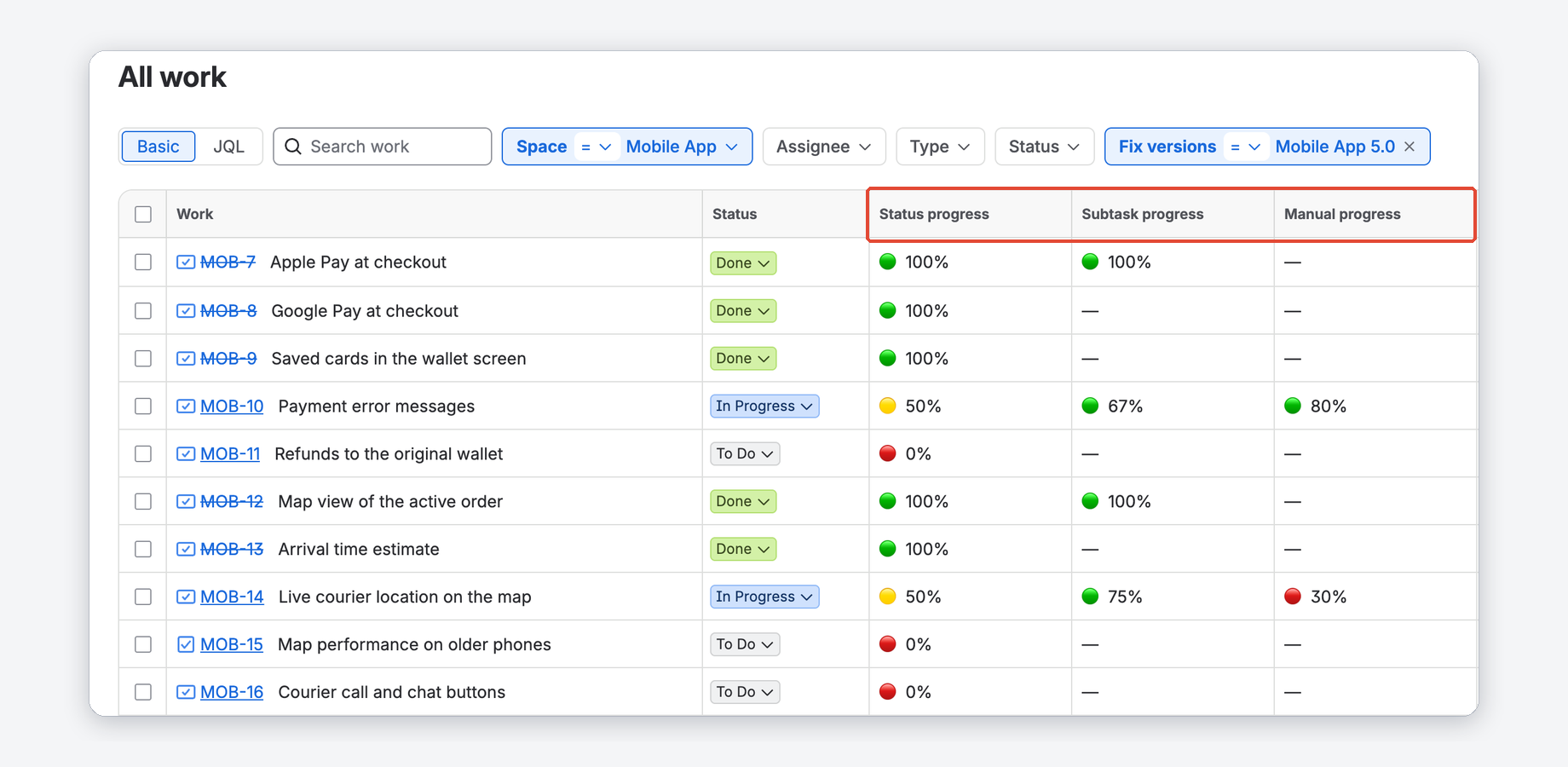 Progress Visible in Jira List Views