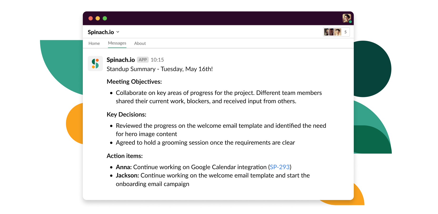 Send meeting summaries to Slack (shown here) or email, Confluence, Notion, or Google Docs.