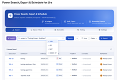 Search Jira with standard JQL, backed by live autocomplete for fields, operators, and values pulled directly from your instance.