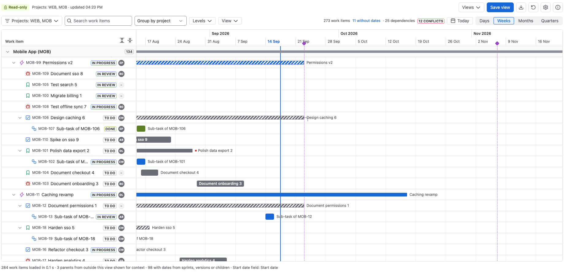 Two projects on one timeline, grouped by project, with hierarchy and blocks dependencies across teams.