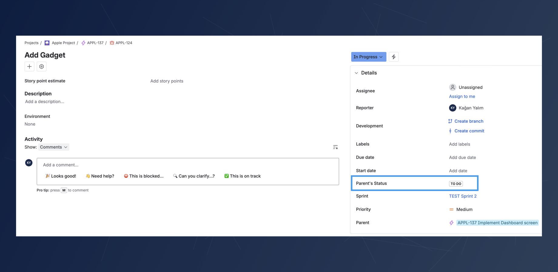 A read-only field on the child issue displays a key value, like status or priority, directly from its parent. This keeps your team informed and aligned, allowing them to make better decisions without context switching.