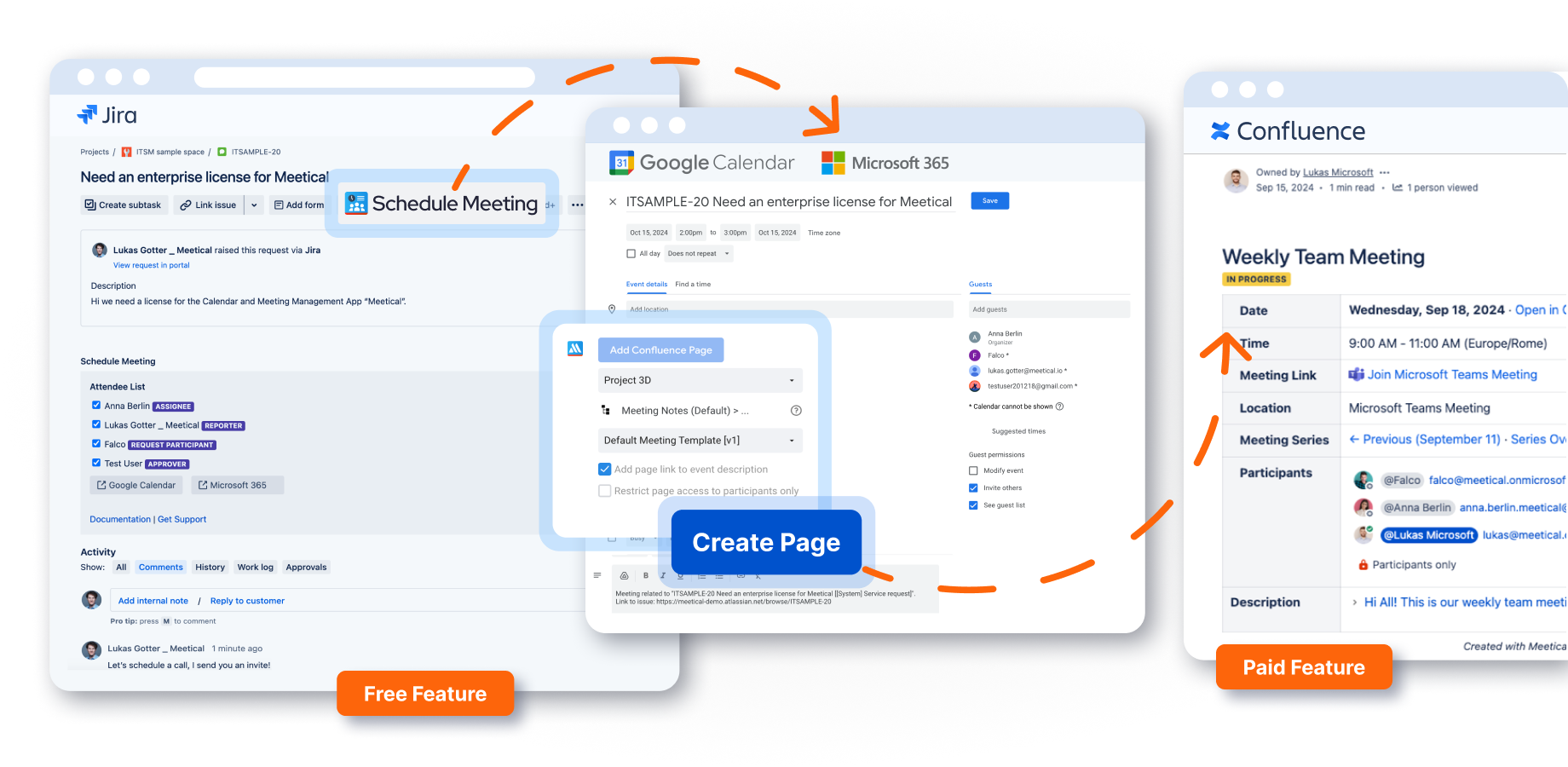 Easily set up meetings from Jira with Google Calendar, Microsoft 365, and Outlook. Keep track of attendees and ensure everyone is aligned with Confluence pages linked to each event.