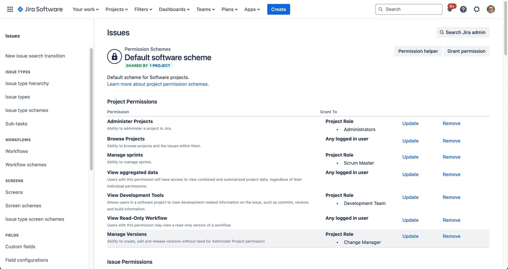 New project permission „Manage Versions“