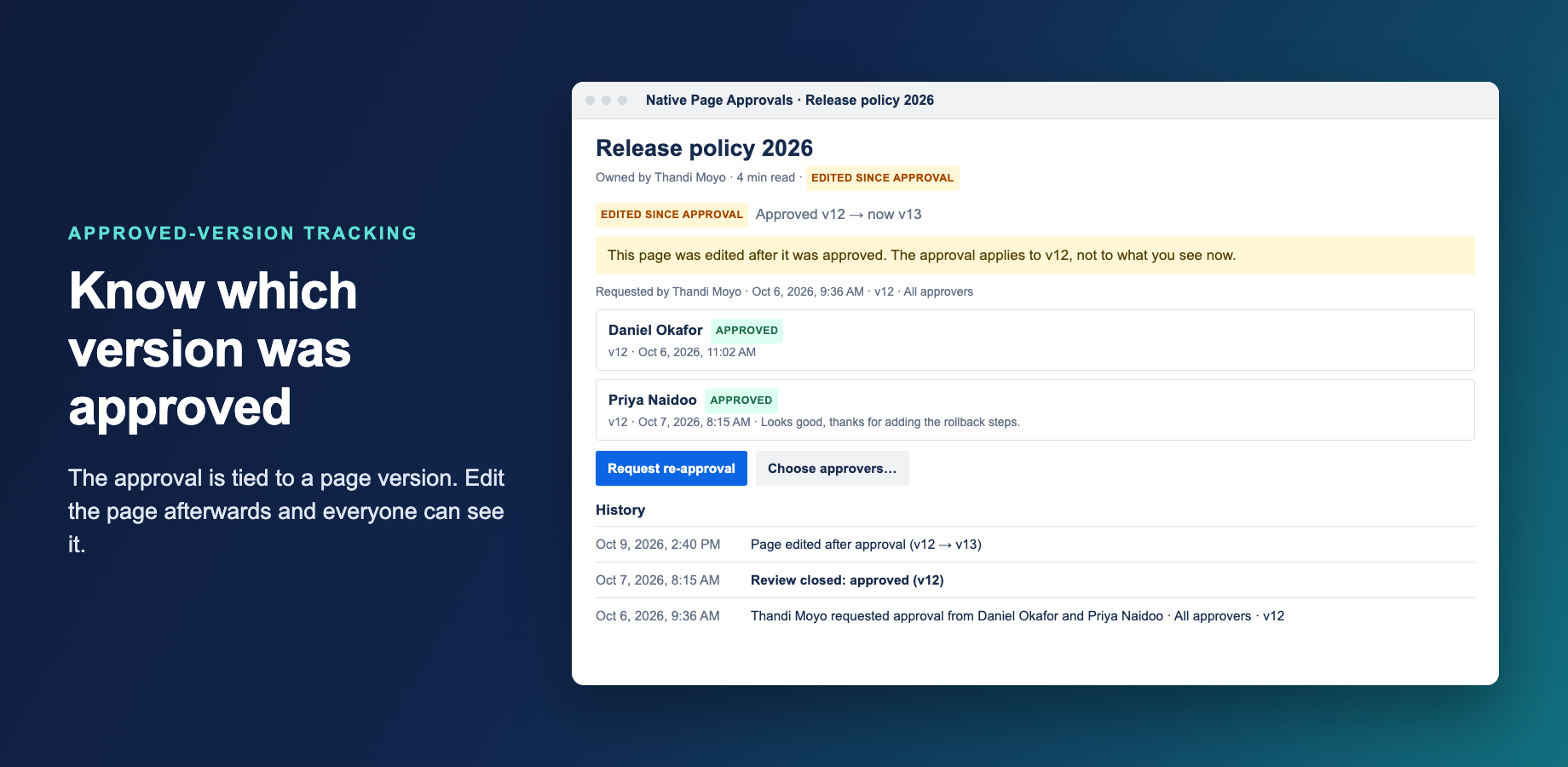 The badge next to the page title and the approval panel: the current request, each approver's decision and comment, and the full history.
