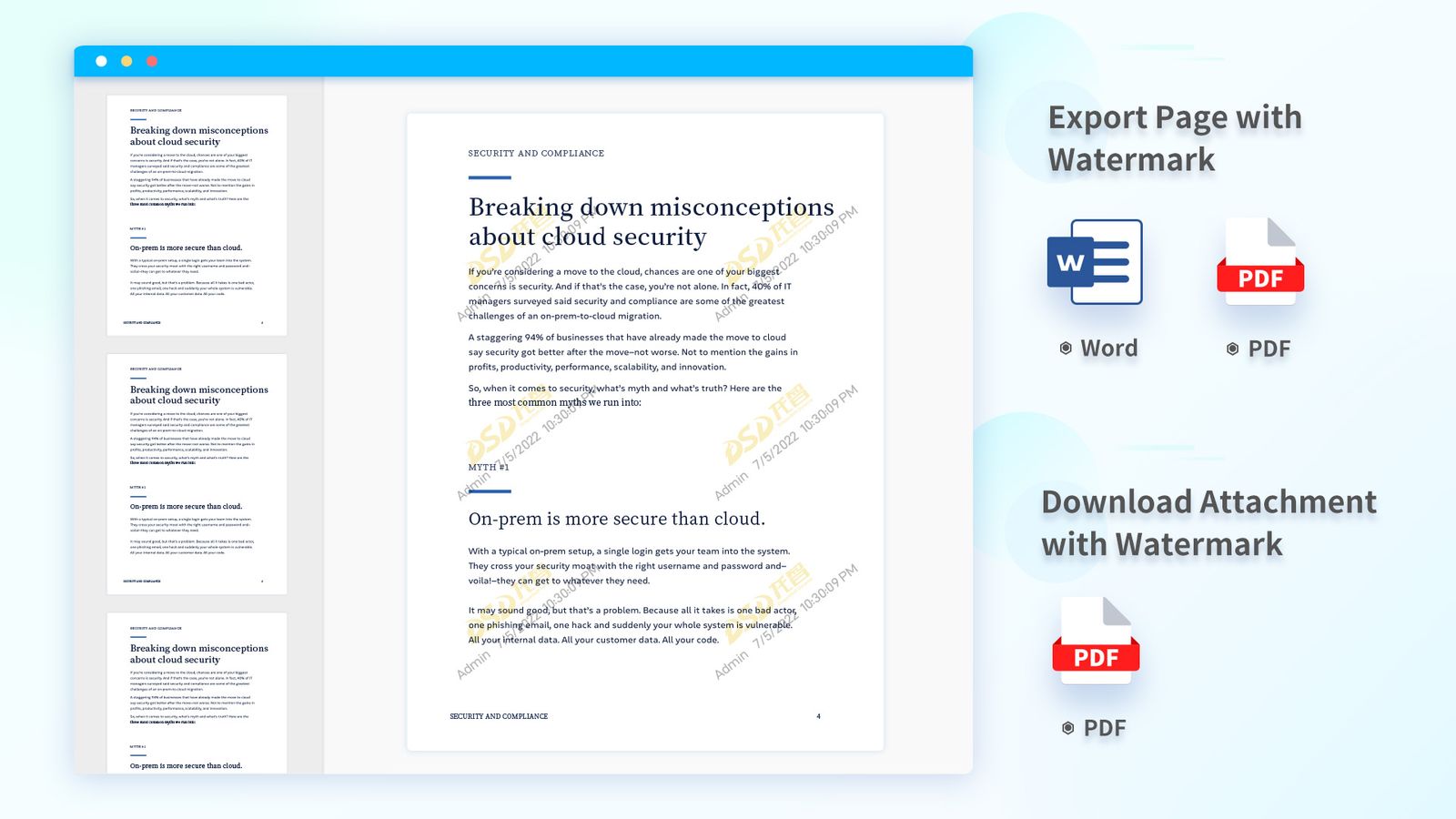 Add custom watermarks when exporting pages in Word & PDF formats and downloading PDF attachments so that your organization can easily track the source of contents and other useful information.