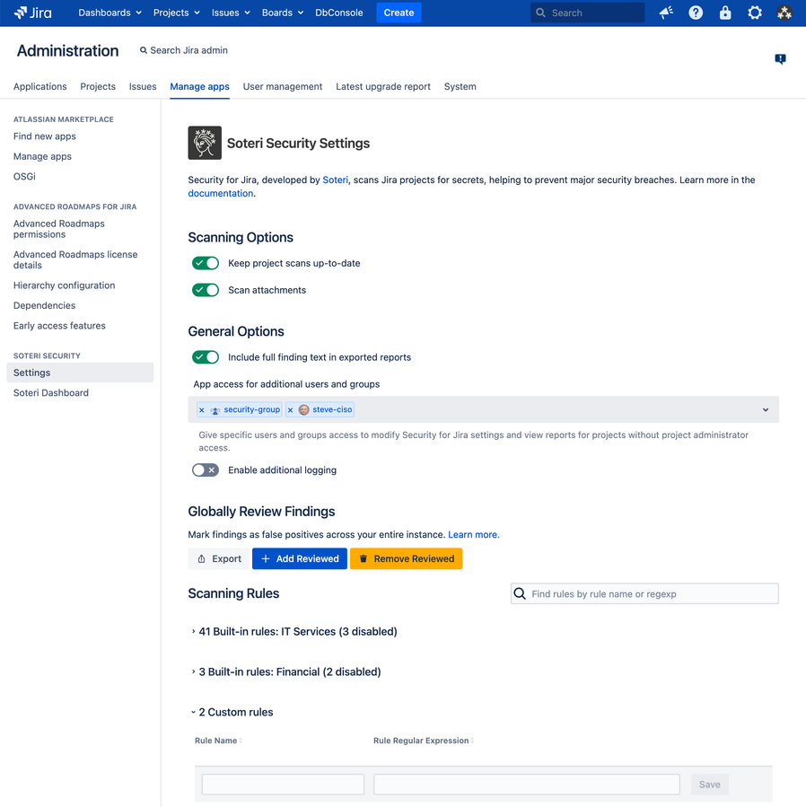 The Security for Jira Settings Page, where you can customize secret scanning rules.