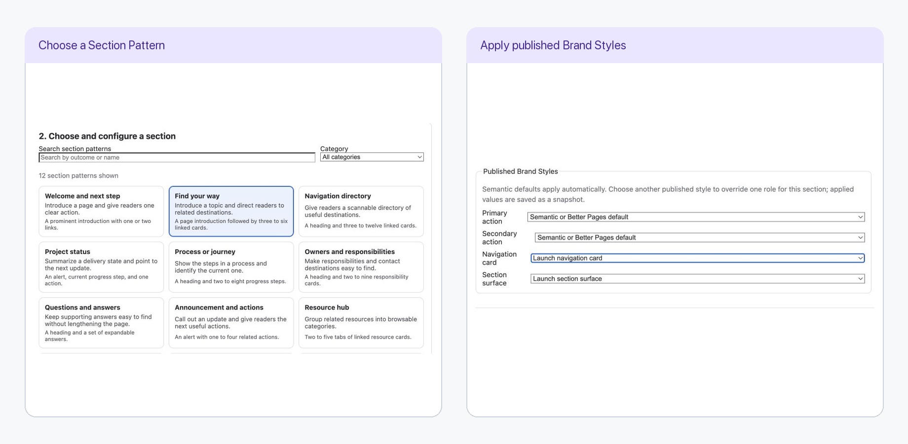 Composer shows the pattern library and published navigation-card and section-surface styles.