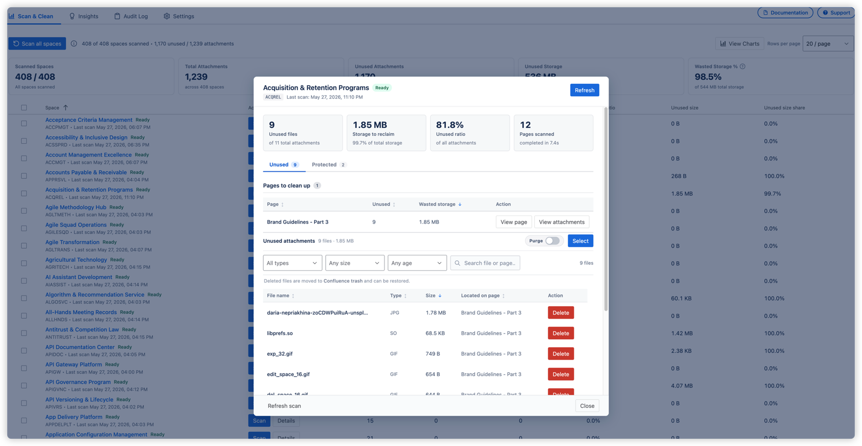 Detailed cleanup view with per-file insights, filters, and selective deletion controls.