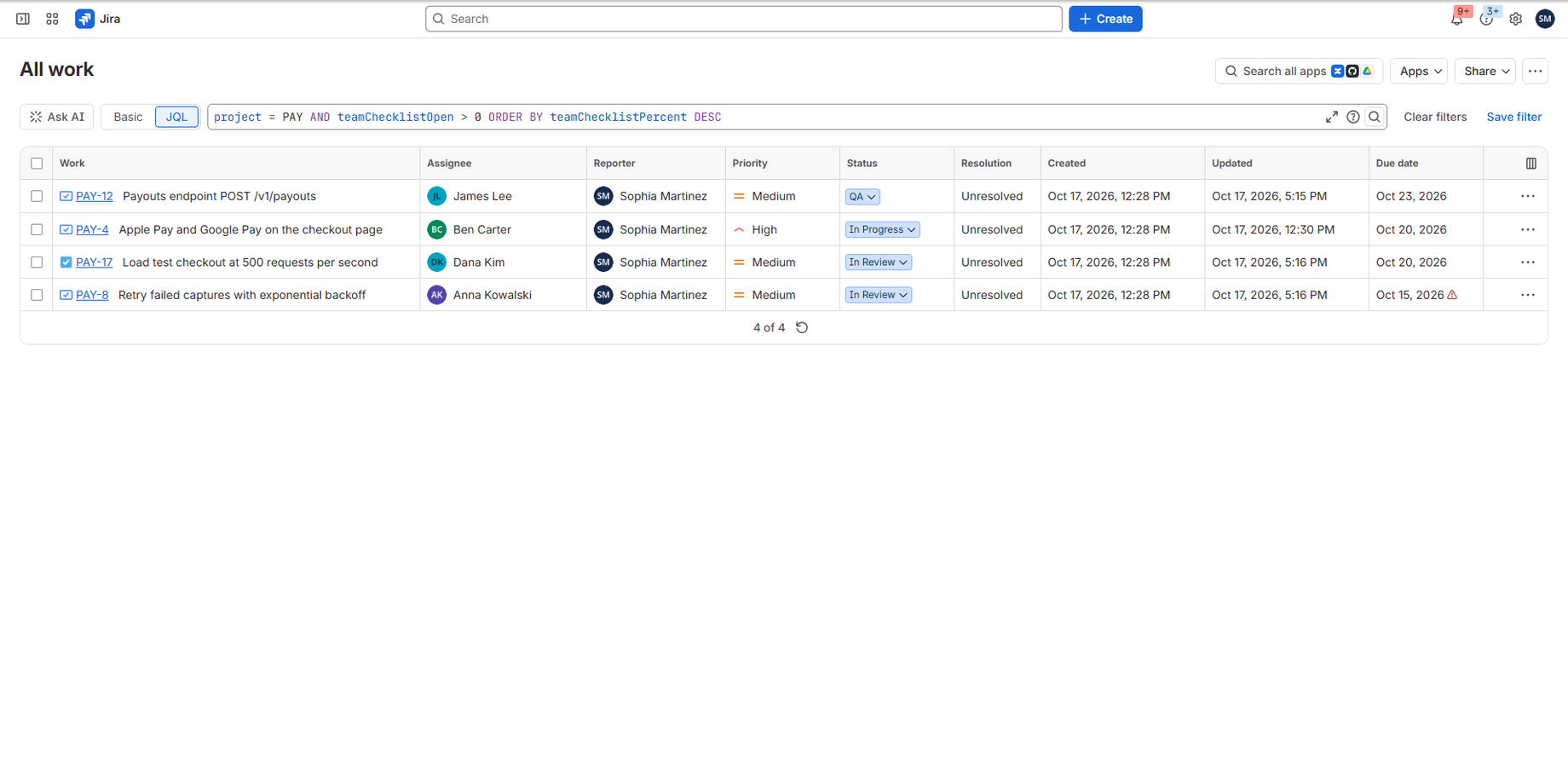 Find every issue with open checklist items in JQL; personal tasks sync with Google Tasks.