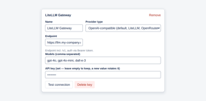 Admin settings: connect up to five LLM providers, each with its own encrypted API key and model list.