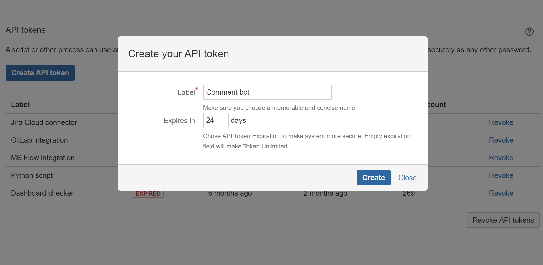 Assign meaningful labels and set expiration dates to align token usage with your organization’s security policies