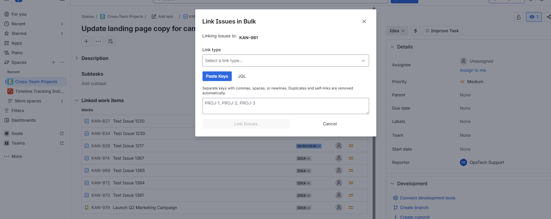Choose a Jira native link type, paste keys or use JQL, and watch live batch progress