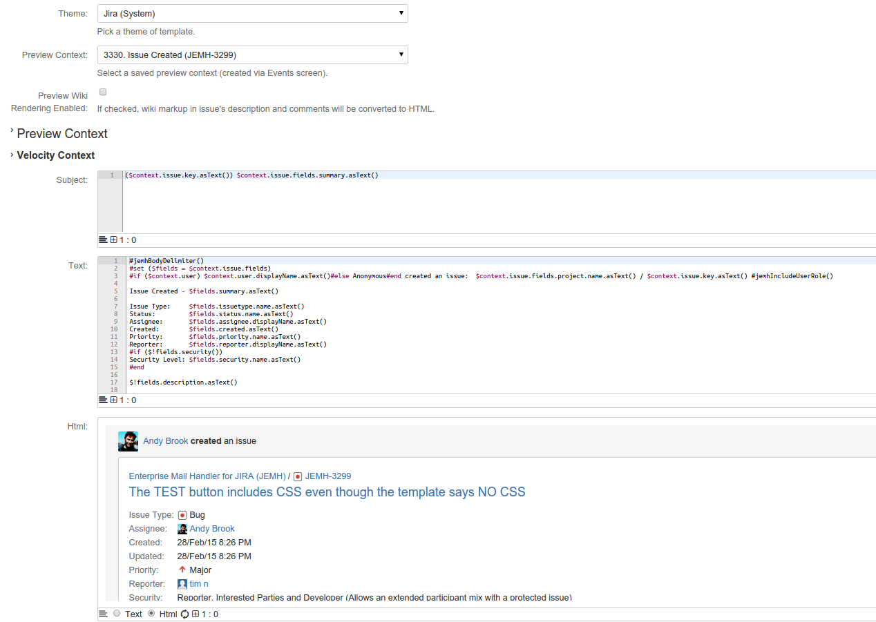 Shows the Template Set editor, with subject, Text and Html templates.  also the edit-time template preview render, based on a PreviewContext (saved Jira 'event' data)