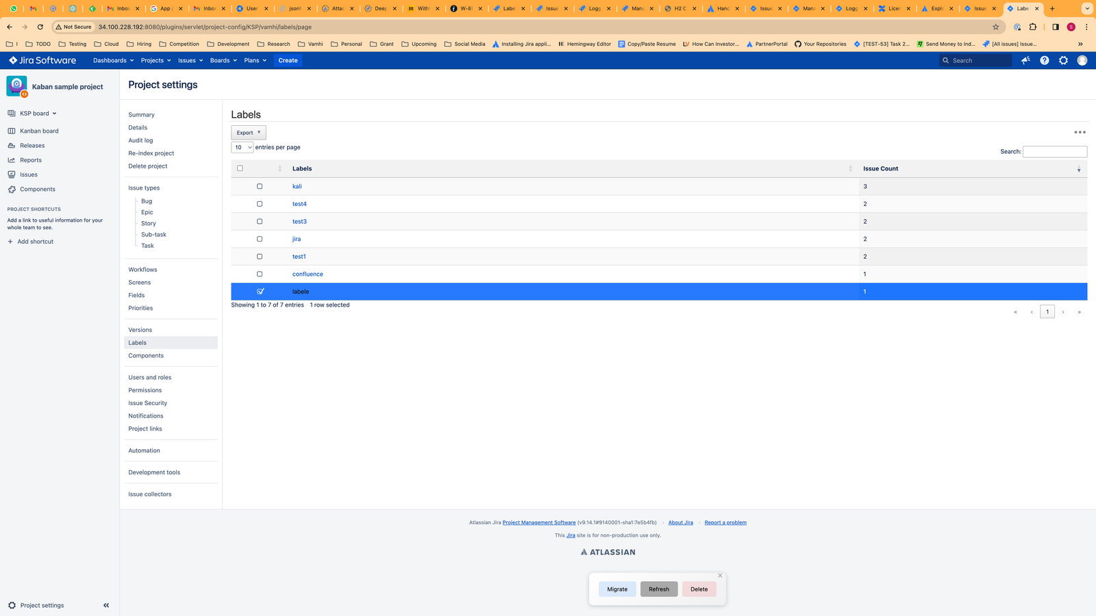 Showing labels settings screen