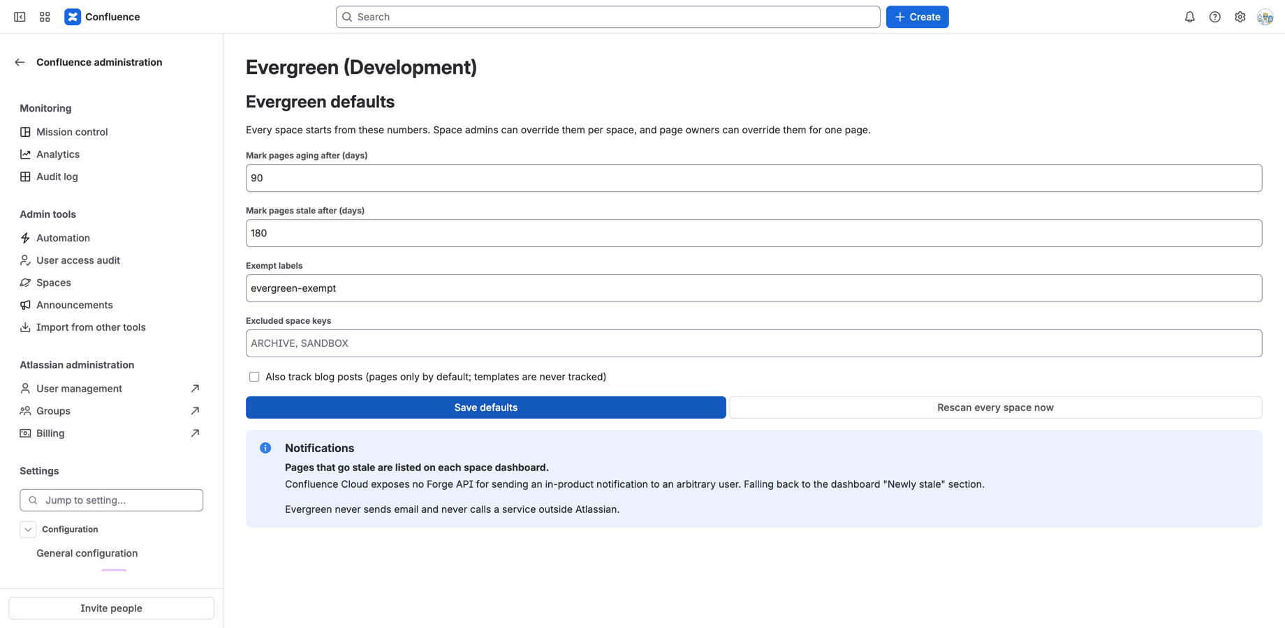 Site defaults in one page: thresholds, exempt labels, and a full rescan button.
