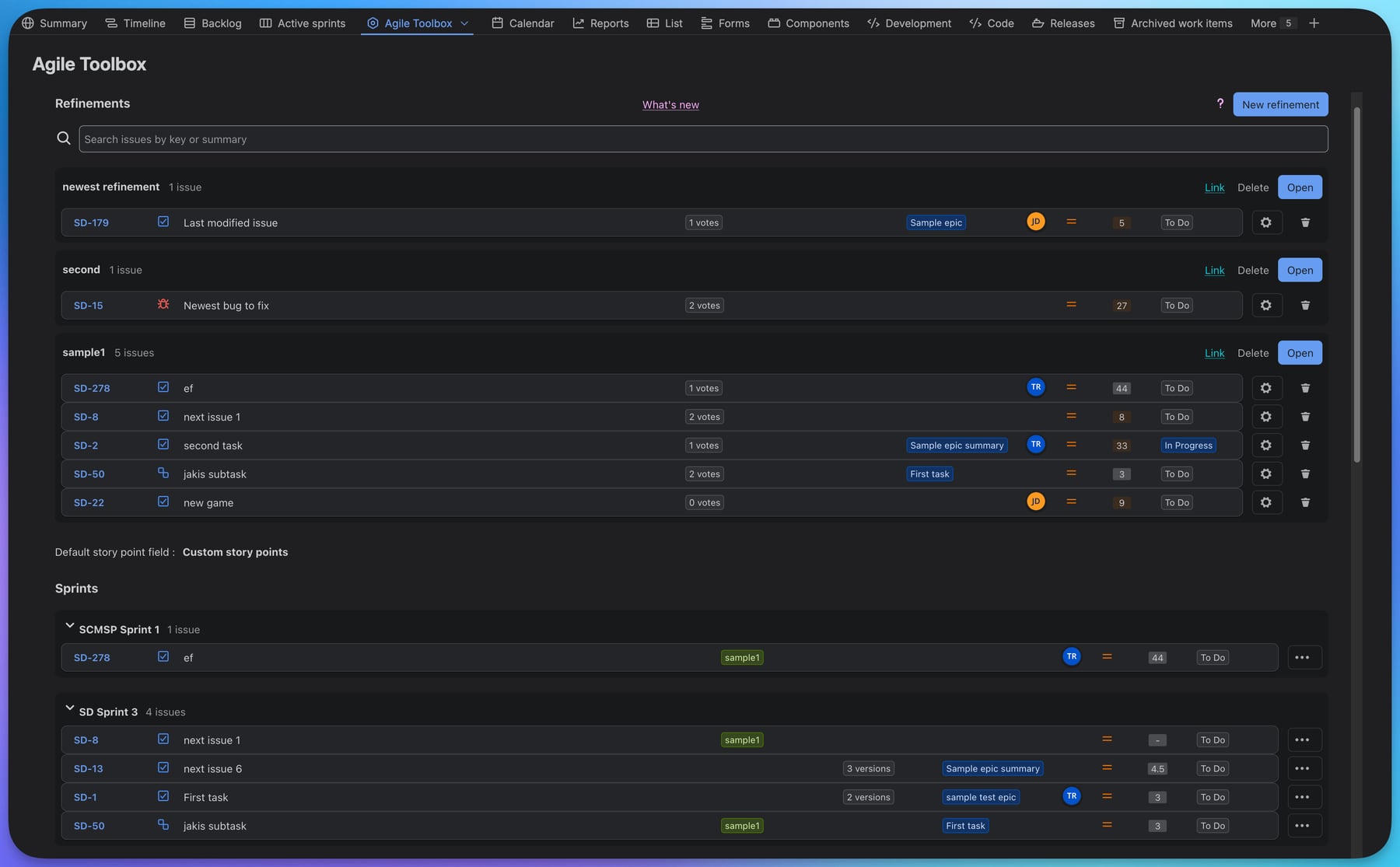 Refinement view where user see all prepared issues, check the details and estimate the task using prepared voting cards
