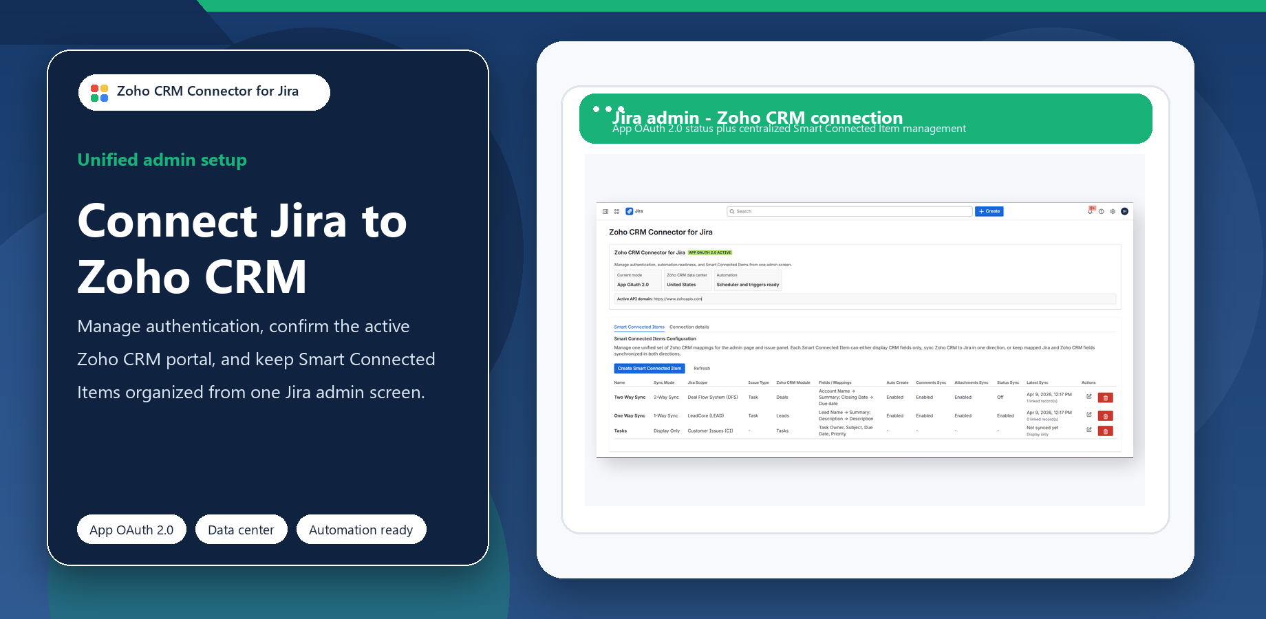 Admin view showing App OAuth 2.0 status, Zoho CRM data center, automation readiness, and saved Smart Connected Items.