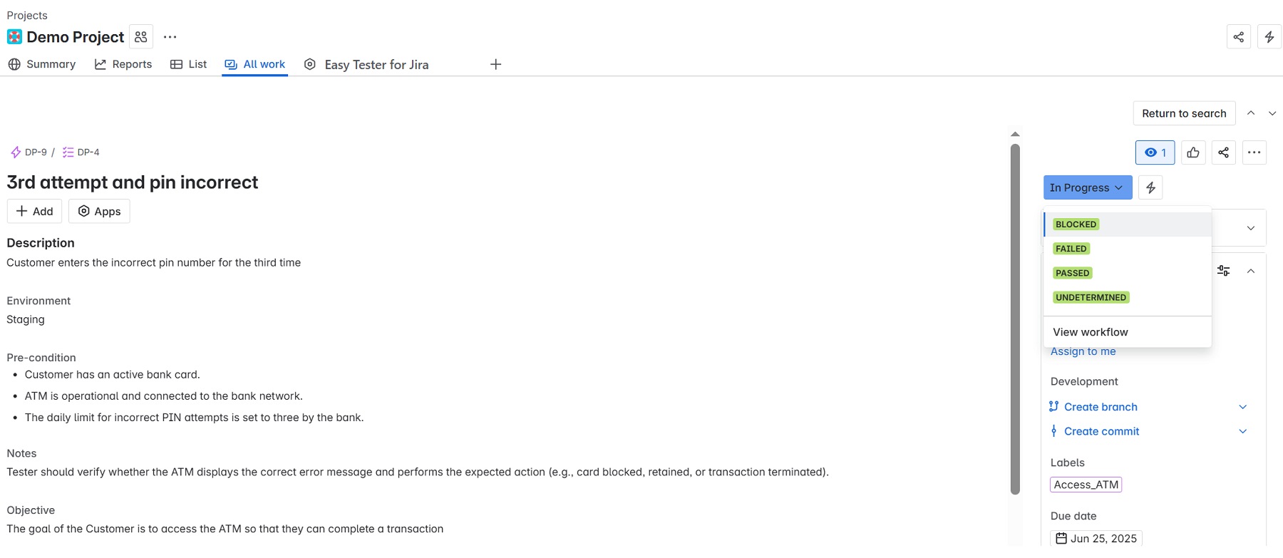 Test case showing the dropdown for the workflow