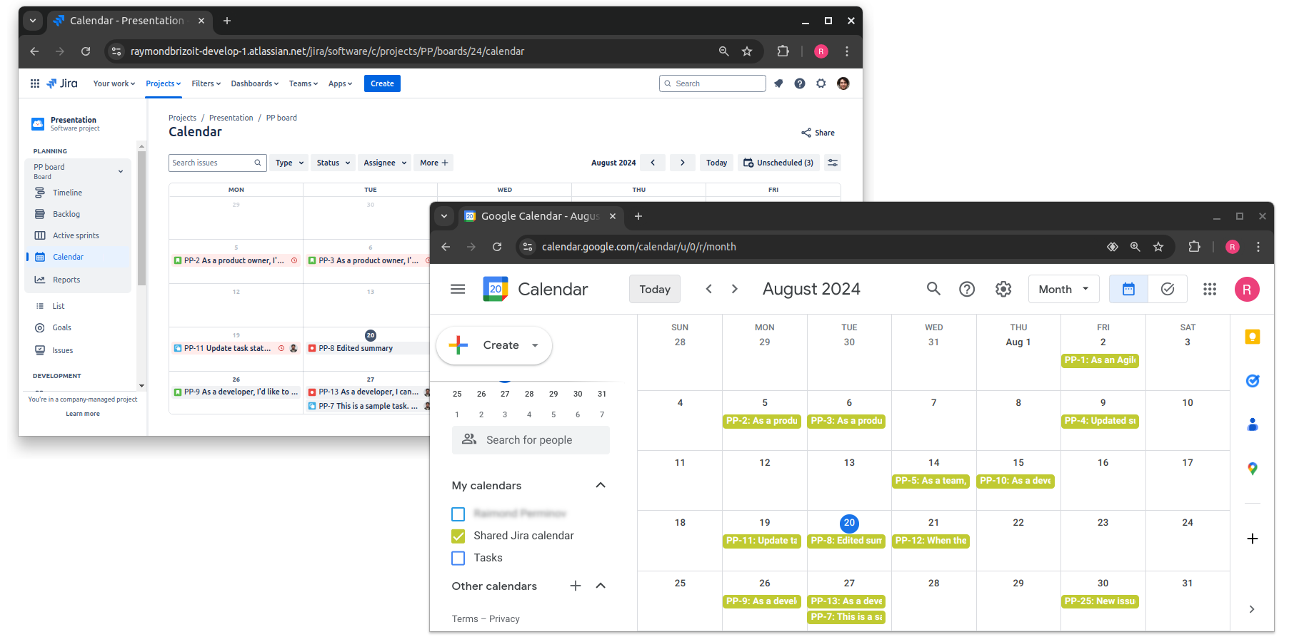 Synchronized Google calendars can be shared with 3rd party users who do not have access to Jira. So, you export the Jira issues and your plans outside Jira.