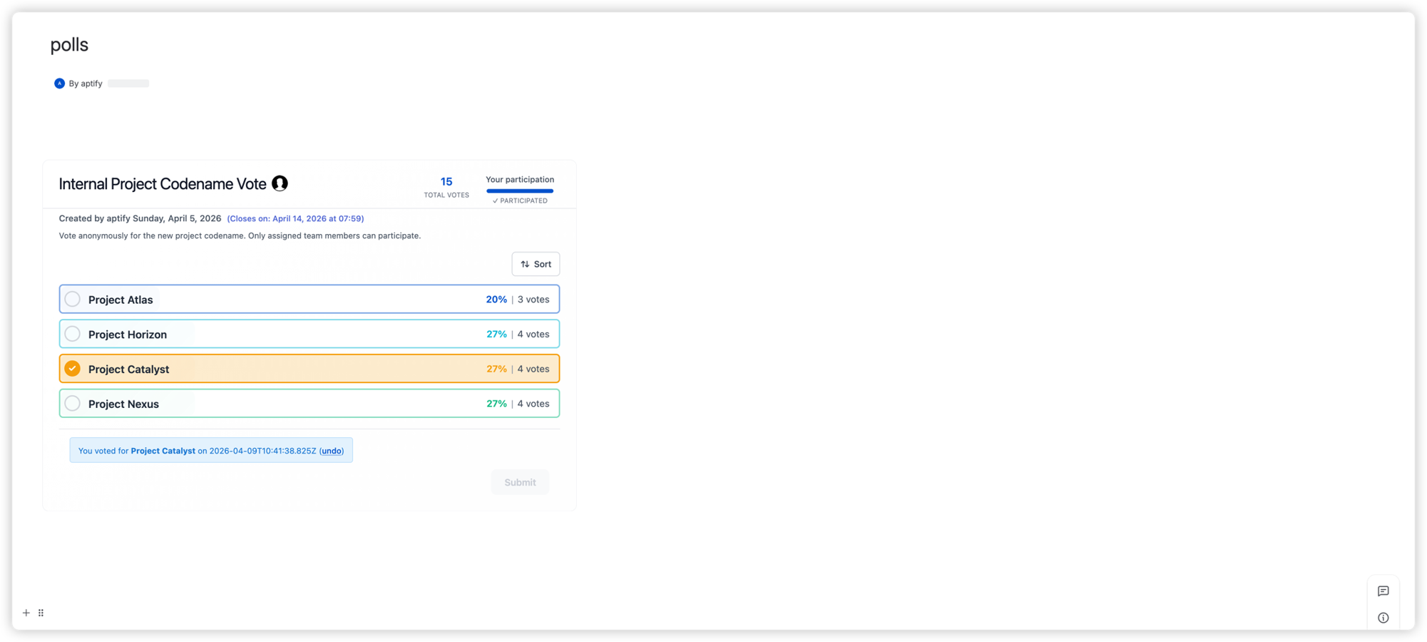 A single-choice poll embedded on a Confluence page — showing live vote percentages, total votes, participation status, and the option to undo a previous vote