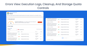 Errors View: Execution Logs, Cleanup, And Storage Quota Controls