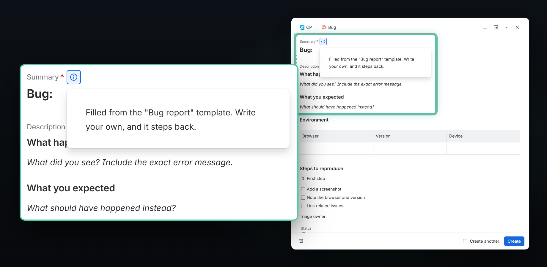 Jira's Create dialog on Bug, filled from the "Bug report" template: headings, an environment table and three checklist items in the description. The note on Summary is open.
