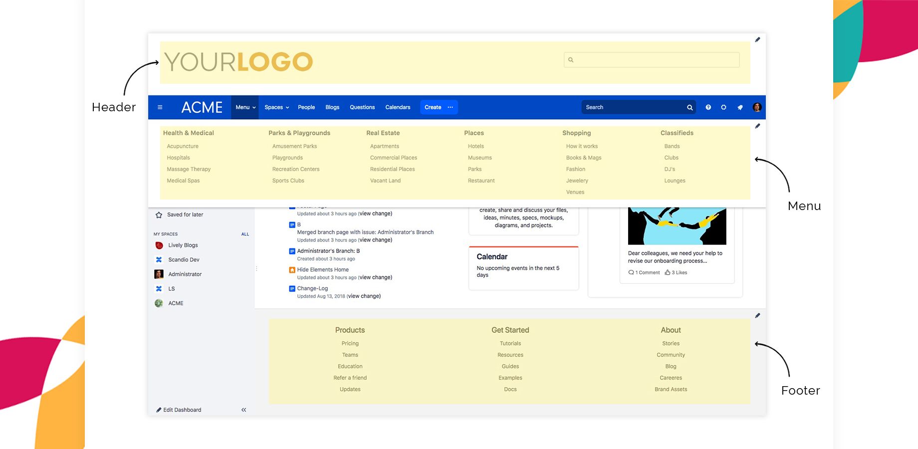 Custom header, footer and mega menu. Create a unique Confluence experience with Lively Themes, featuring custom headers, footers, and navigation menus for seamless, branded navigation across your site.
