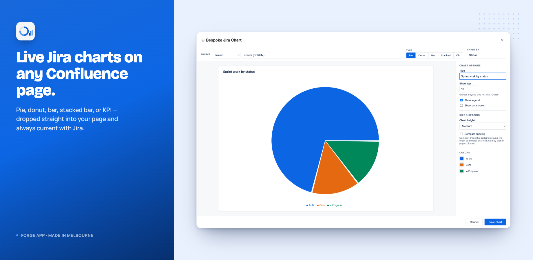 Five sources — project, saved filter, custom JQL, project type, or category — and every picker searches as you type.