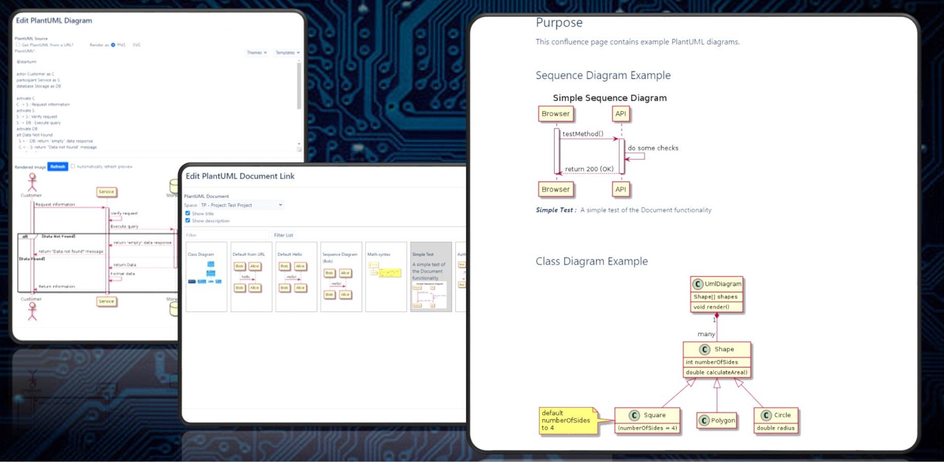 Create diagrams with industry-standard PlantUML. Live update as you type and embed diagrams in any page.