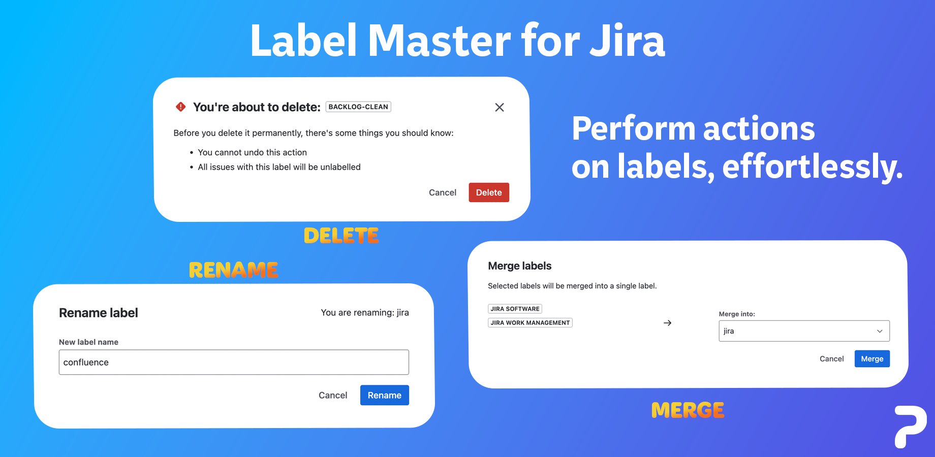 Screenshot showing the label management panel with rename, delete, and merge actions being performed, highlighting an admin’s access control panel.
