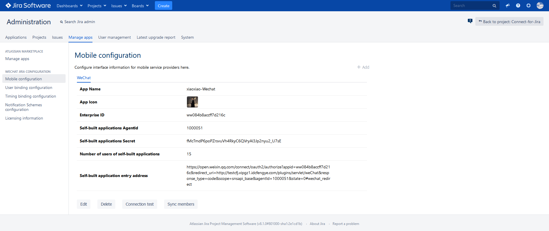 Through mobile terminal configuration, establish the connection between JIRA and WeChat Work, test the connection and synchronize WeChat Work members.