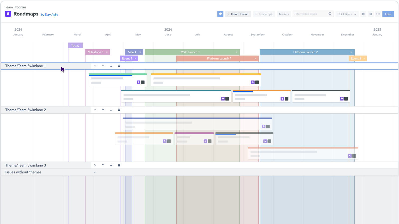 Theme swimlanes allow Product Managers and their teams to group issues into high-level streams of work, that represent customer outcomes, or teams ​