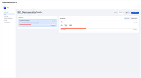 OKR management dashboard displaying objectives and key results with progress tracking. Visual charts show completion rates, linked Jira items and quarterly performance. 