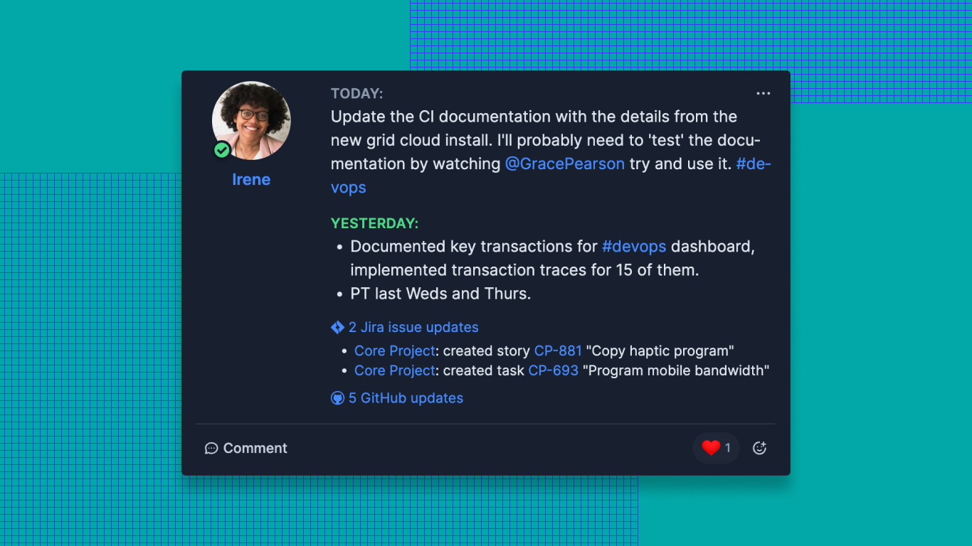 A check-in with activity from Jira