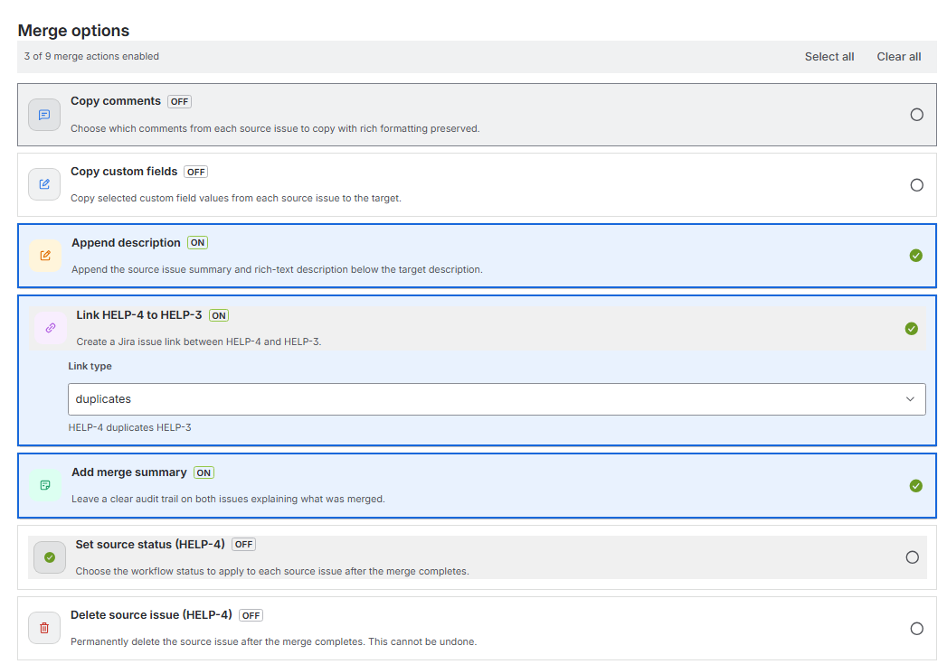 Choose exactly what to merge: individual comments, attachments, custom fields, links, watchers, and votes. Select all, clear, or fine-tune each section before you merge.