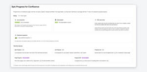 The admin page in the Confluence settings, also shown right after installation: Jira connection, subscription, who sees what, and the switch for published snapshots.