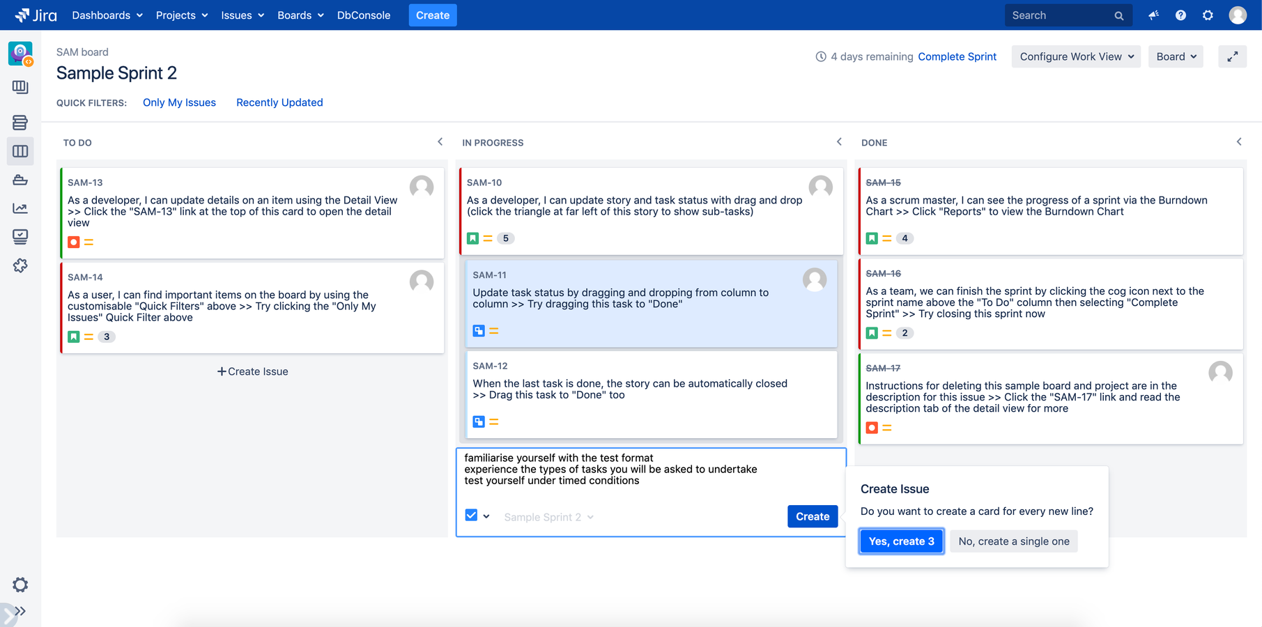 Inline create issue on board