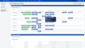 Use case of core banking system with monthly PIs consisting of multiple Jira projects with own areas of responsibilities and own deliverables. Color coding by status and connected progress bars.