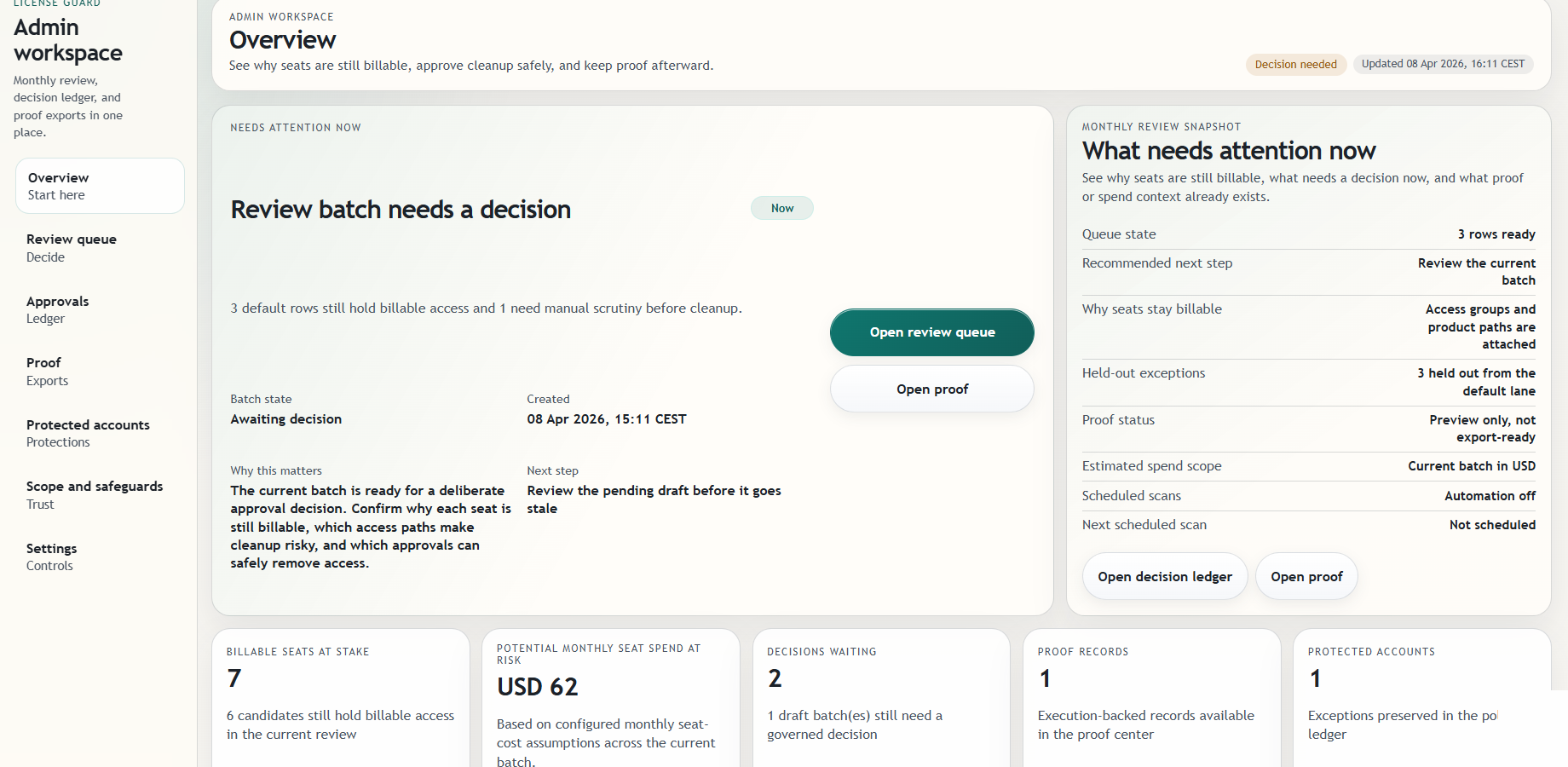 Approve or reject a frozen review batch before any cleanup runs.